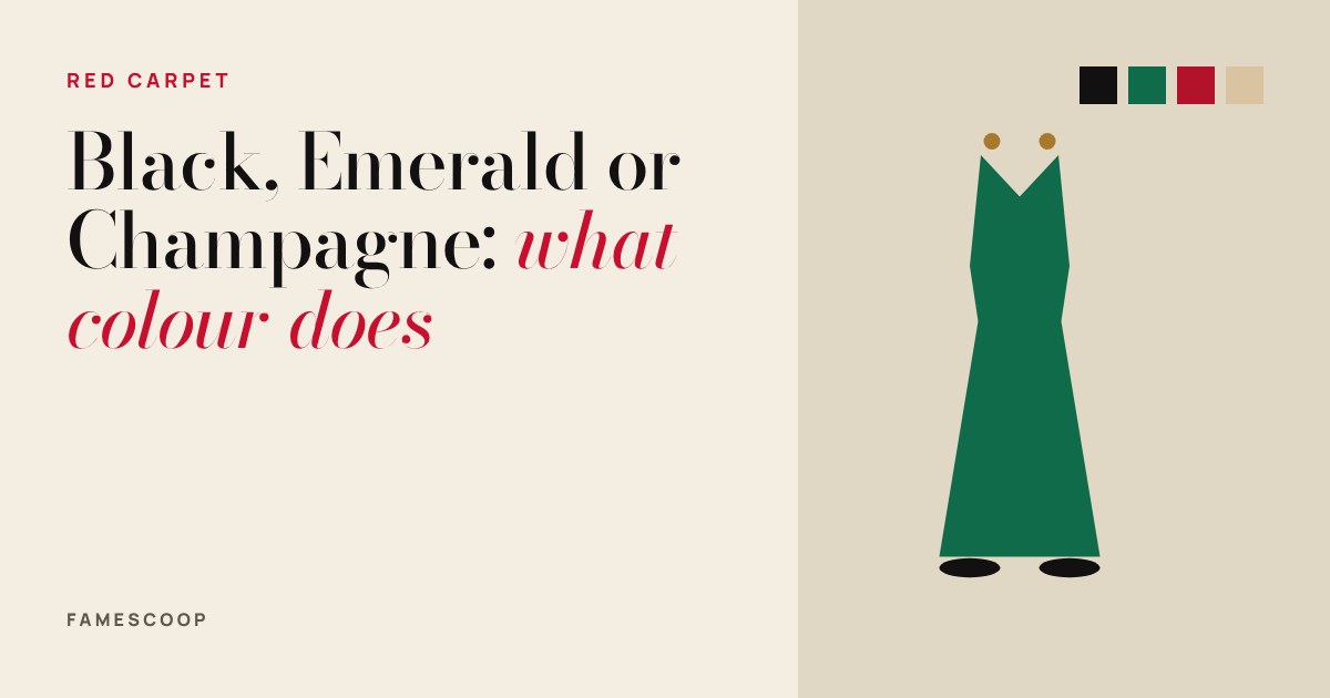 Flat illustration of a long green evening dress with gold earrings beside four colour swatches