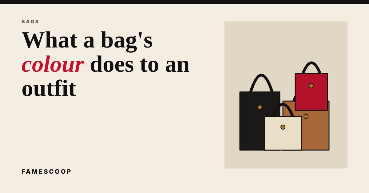 Four simple illustrated handbags in black, tan, cream and red on a cream background