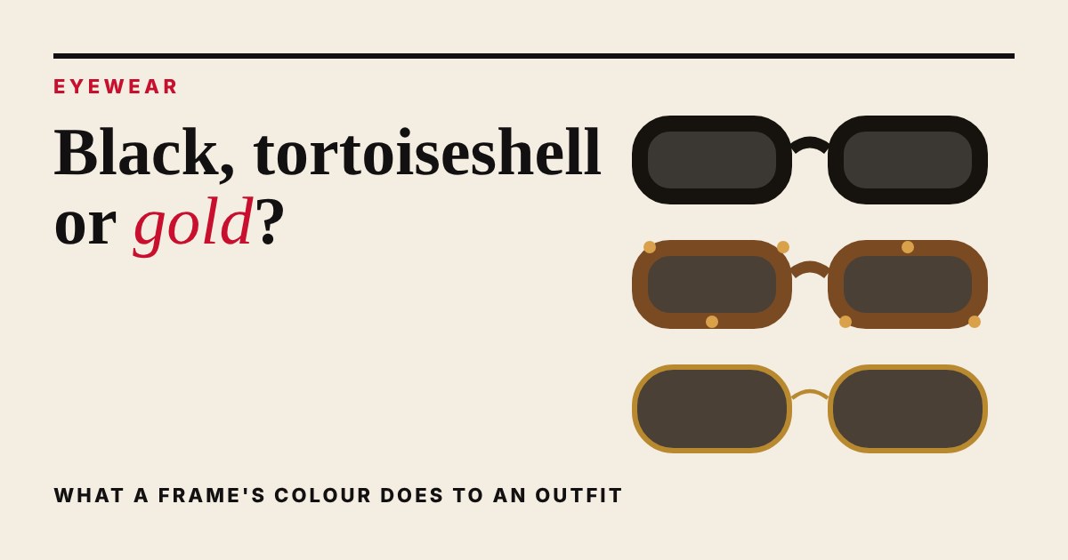 Three pairs of sunglasses in black, tortoiseshell and thin gold-tone frames, drawn as flat illustrations