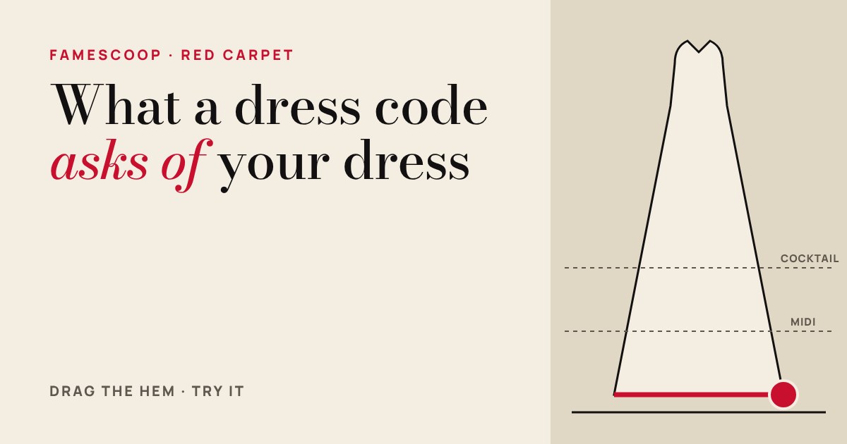Simple dress outline with a red hem line and a handle, with dashed guides for cocktail and midi lengths