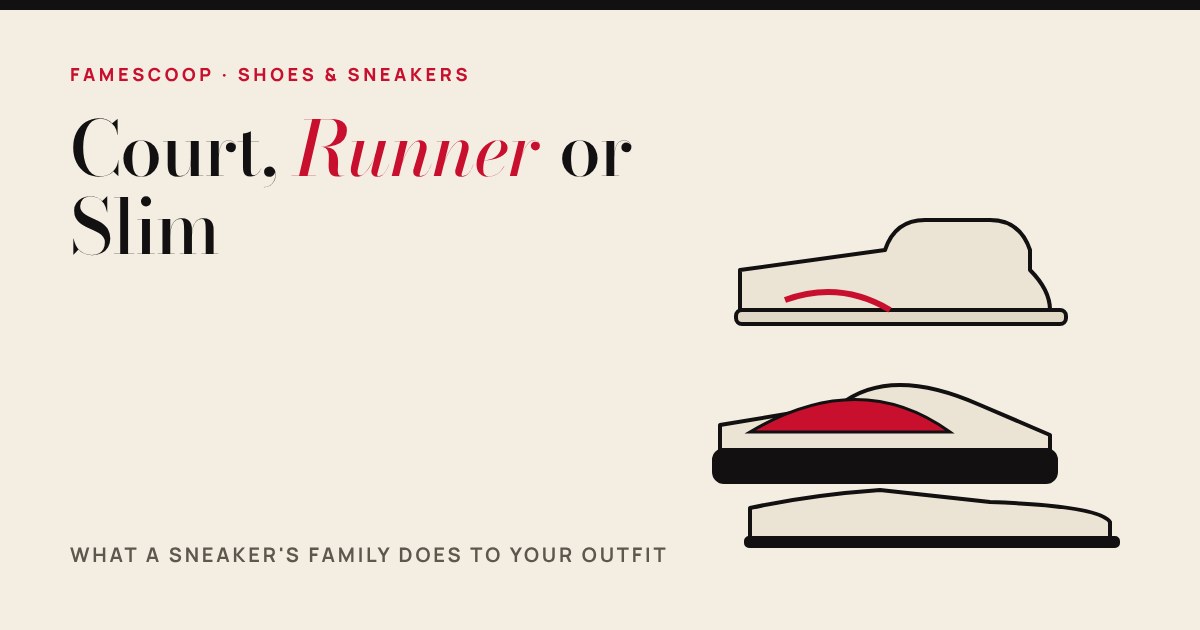 Three simple sneaker outlines stacked: a flat thin-soled court shoe, a thick-soled runner with a red panel and a low slim shoe