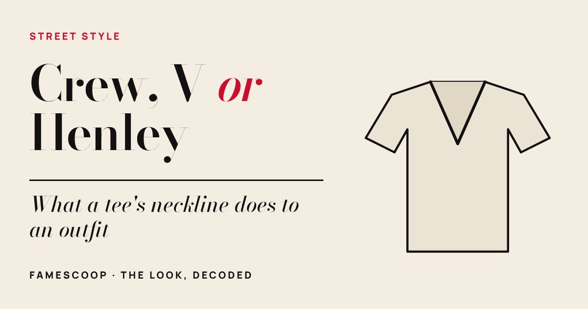 Line drawing of a plain tee with a V-neck, beside the title Crew, V or Henley