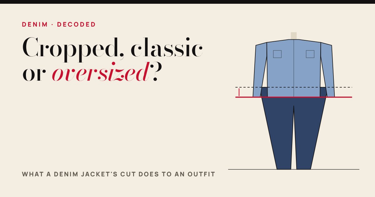 Illustration of a denim jacket over jeans with a red line marking where the jacket hem meets the waistband