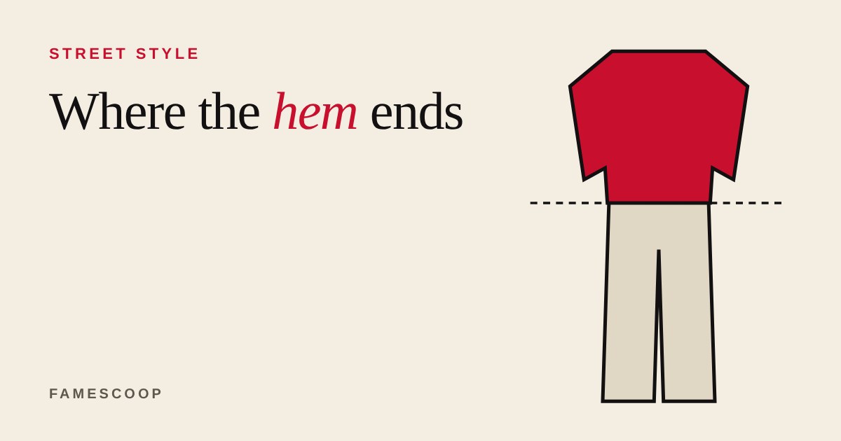 A red sweater ending at the waist over beige straight trousers, with a dashed line marking the hem