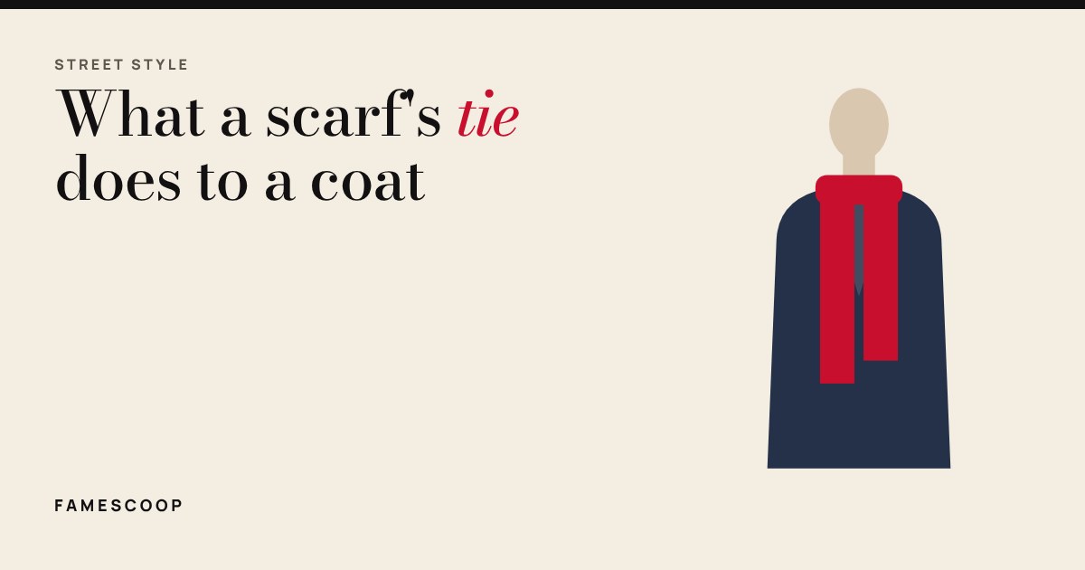 Illustration of a navy coat with a red scarf draped down the front