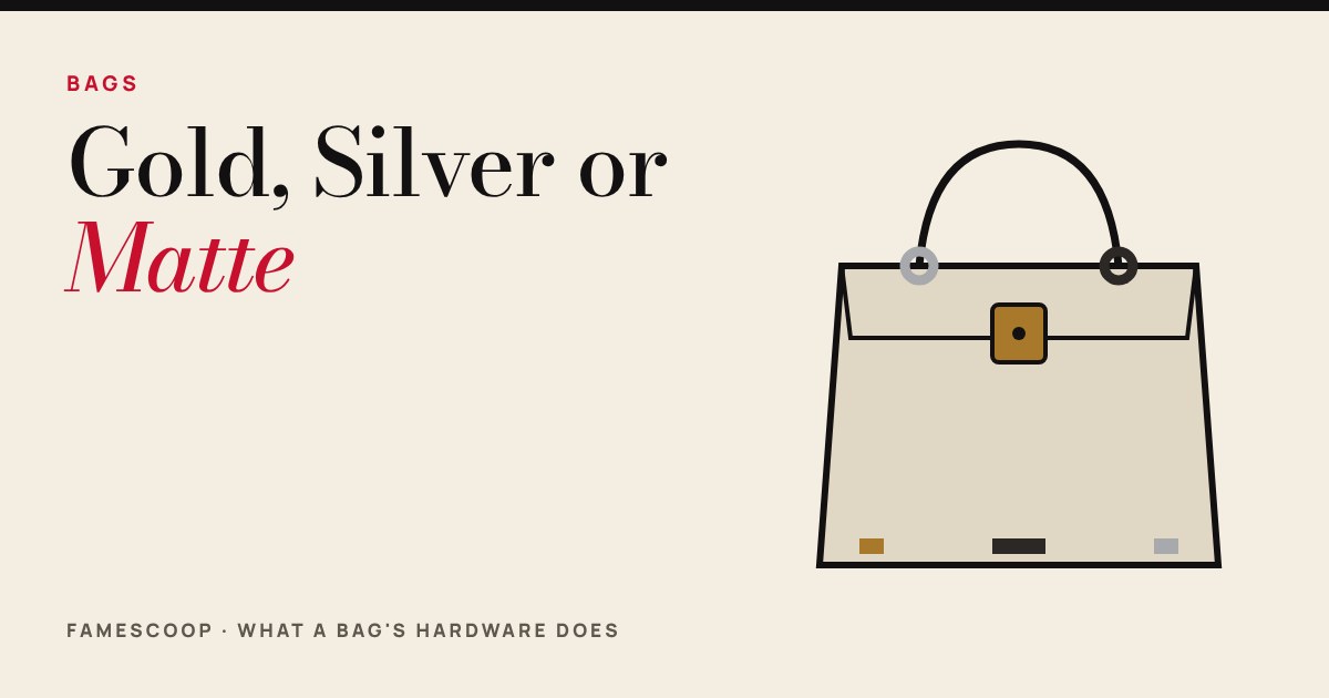 A simple drawing of a top-handle bag with gold, silver and matte dark metal hardware