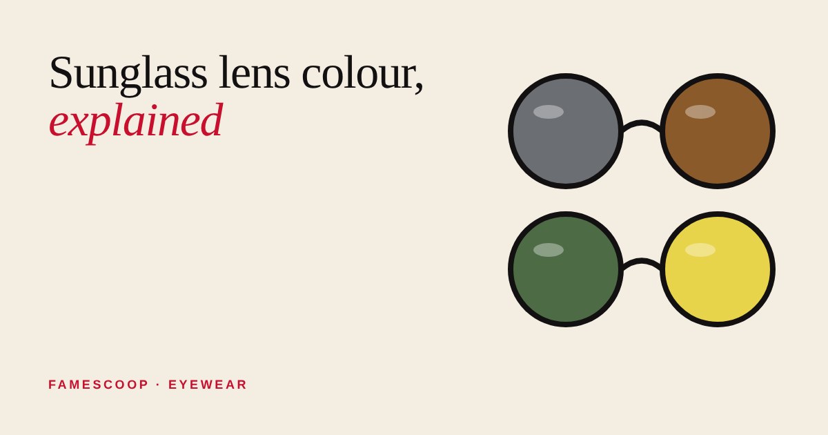Four round sunglass lenses in grey, brown, green and yellow on a cream background