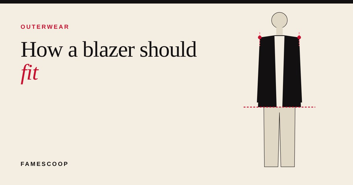 Simple illustration of a black blazer on a neutral figure with a dashed hem line and marked shoulder seams