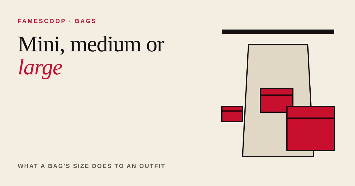 Illustration of an outfit outline with three red bags of different sizes, mini, medium and large