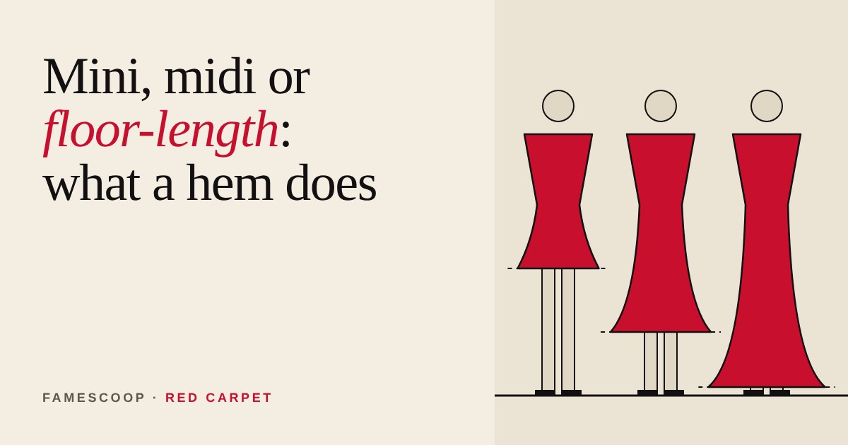 Three plain silhouettes in red dresses with mini, midi and floor-length hems