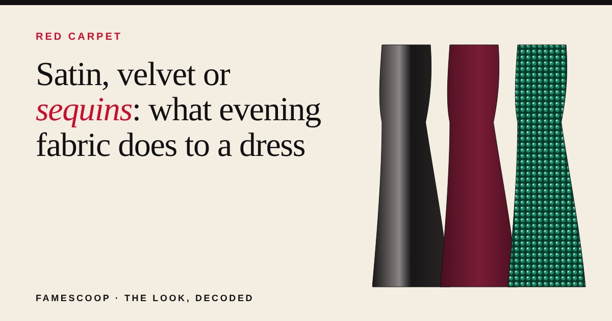 Three illustrated evening gowns side by side in black satin, wine velvet and green sequins