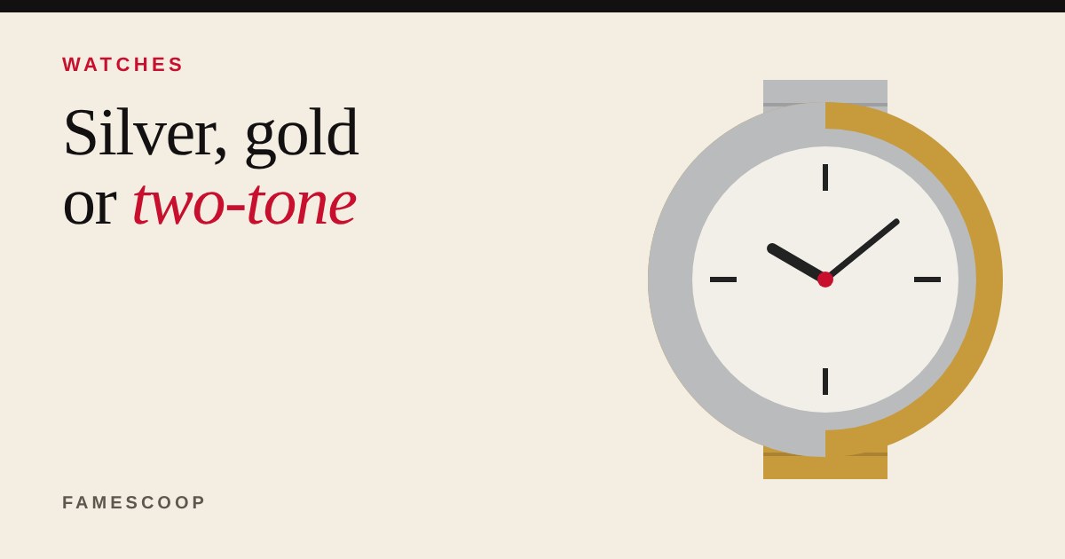 Illustration of a watch face with a half silver, half gold-tone case and bracelet