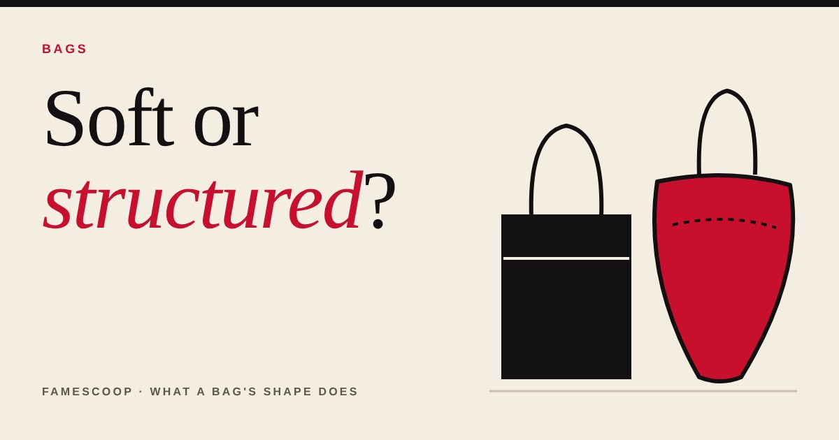 Two illustrated bags side by side: a black structured box bag and a red soft bucket bag on a cream background
