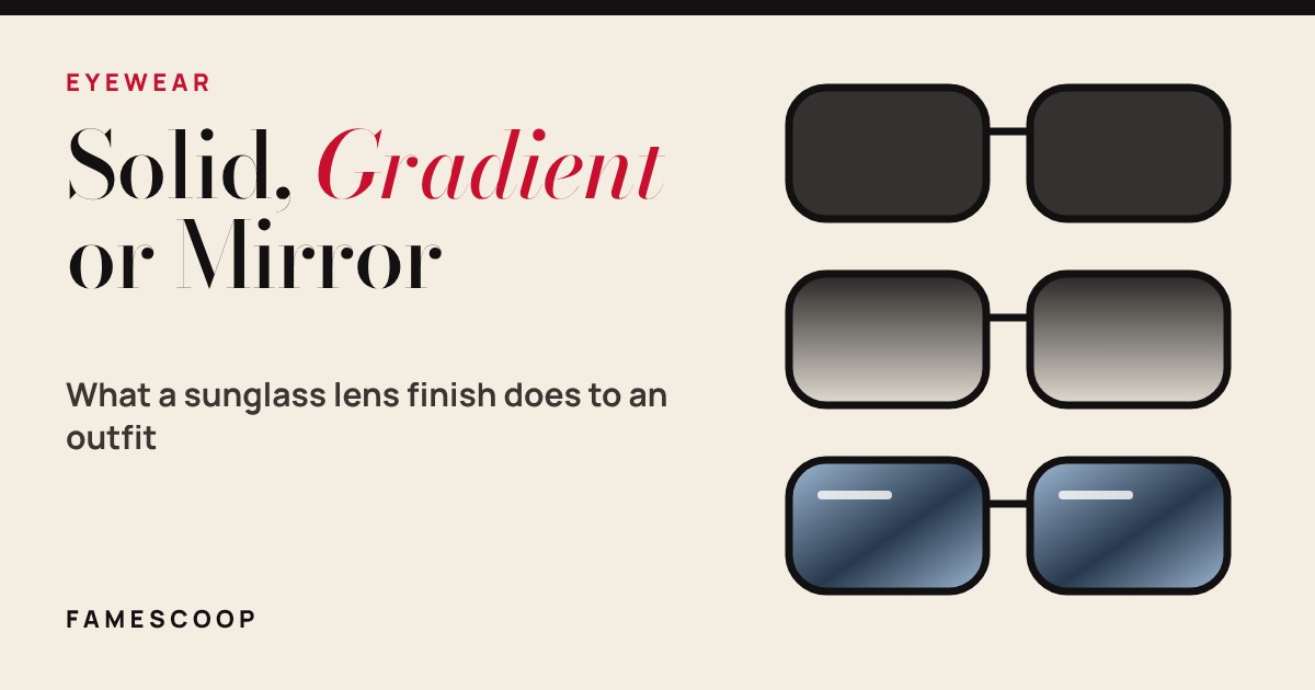 Three pairs of sunglasses in a column: solid dark lenses, gradient lenses fading from dark to light, and blue mirrored lenses