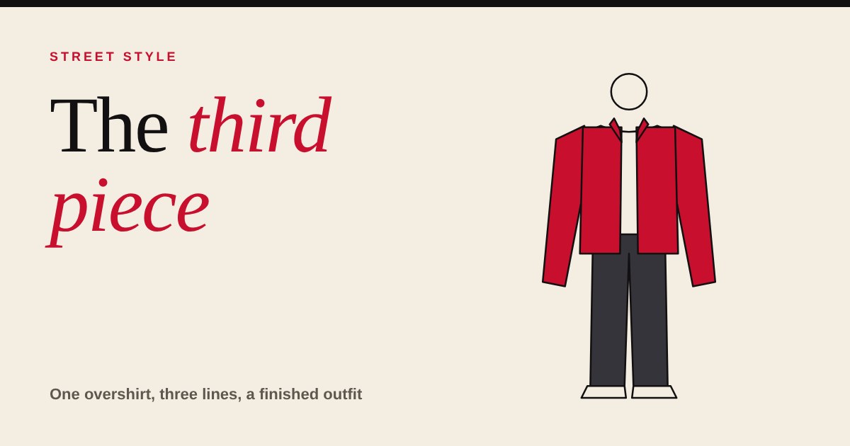 Flat illustration of a pale tee and dark trousers with a red open overshirt layered on top