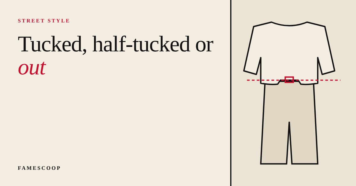 Flat illustration of a shirt half-tucked into trousers with a dashed red line marking where the shirt ends