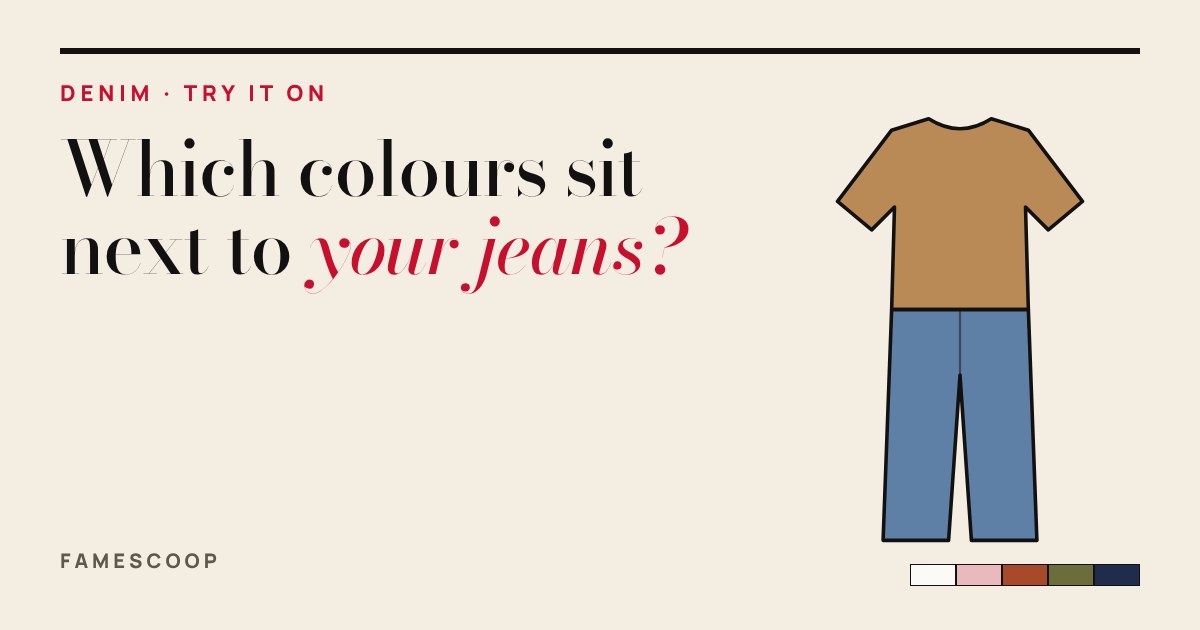 Outline of a camel top over mid-blue jeans beside a row of five colour swatches