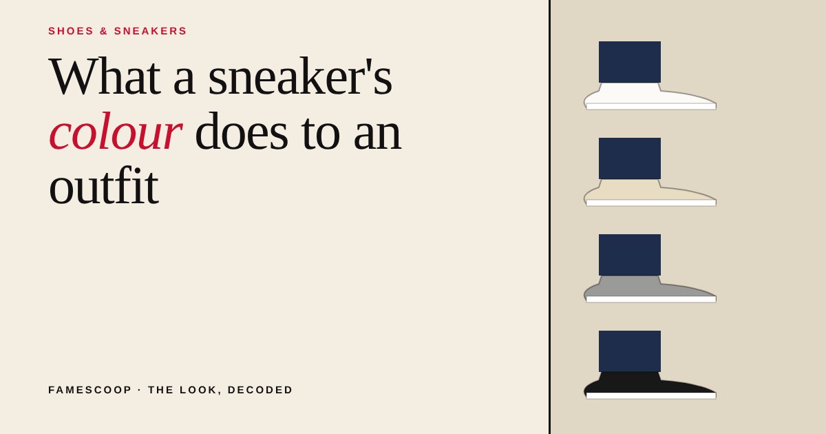Four sneakers in white, cream, grey and black under navy trouser legs